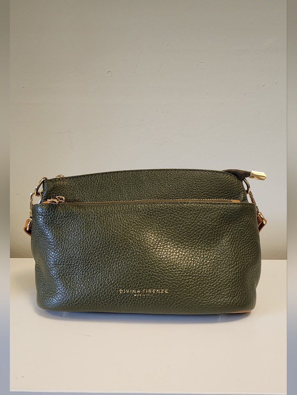 Divina Firenze Italy Lilla Olive Green Pebbled Leather Triple Zip Crossbody Bag